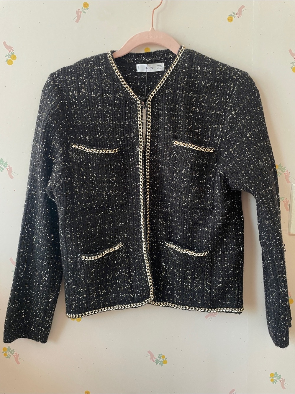 Mango Black Tweed Chain-Trim Cardigan Jacket